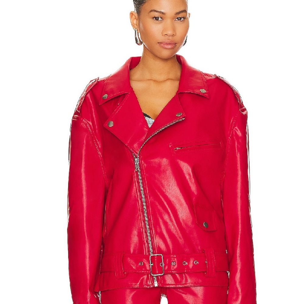Revolve Red Leather Biker Jacket - image 5